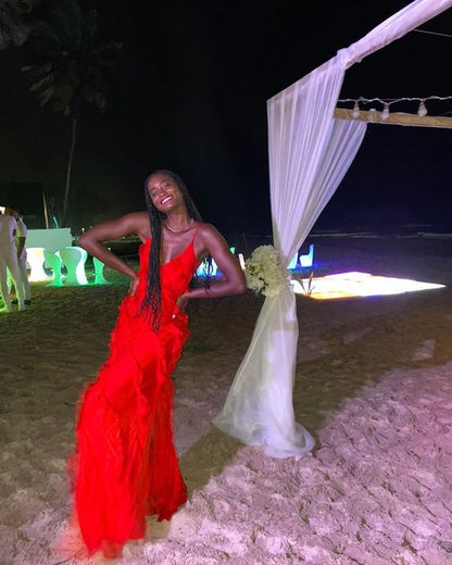 Sexy Sheath Spaghetti Straps Red Long Chiffon Prom Dress 1683