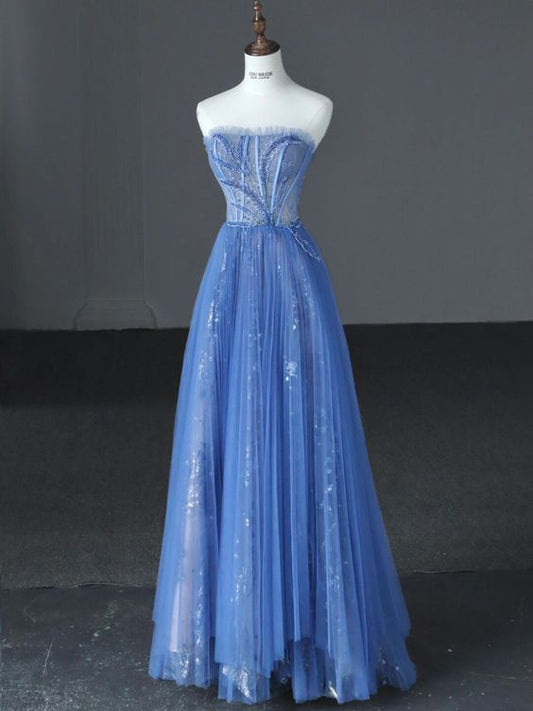 Luxurious A Line Strapless Blue Long Prom Dress P1716