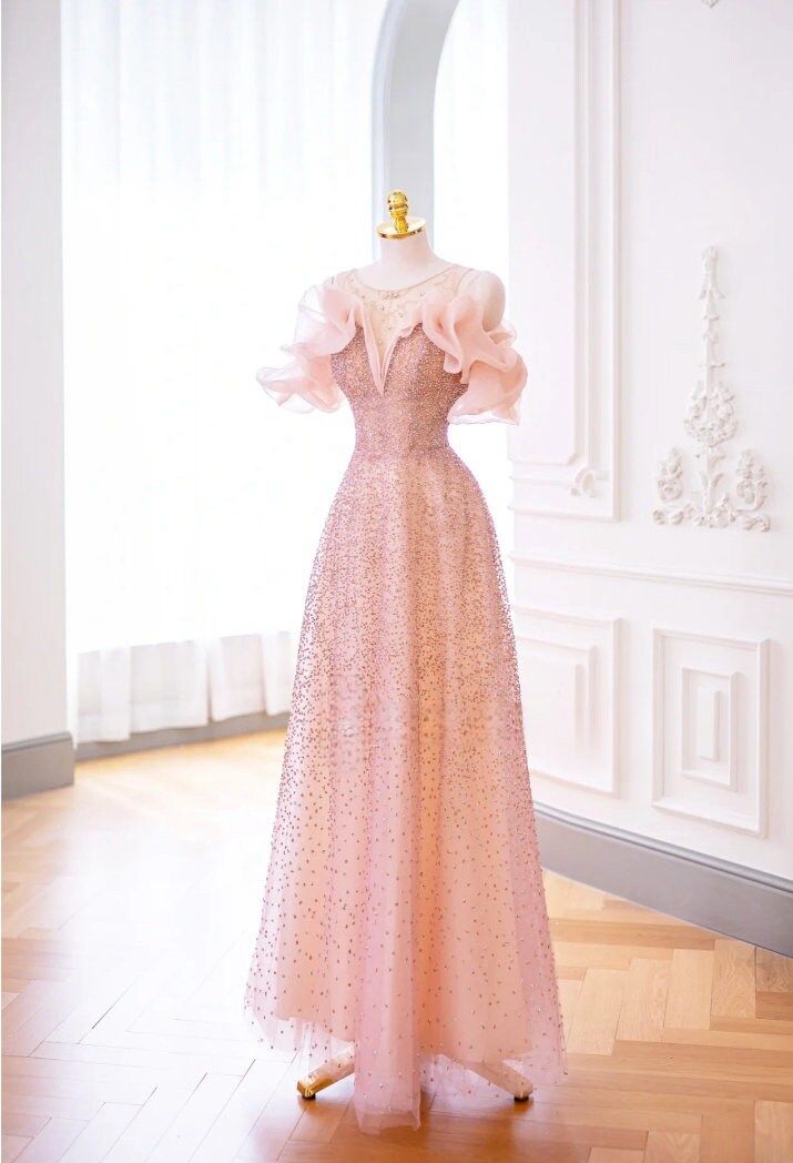 Luxurious A Line Off The Shoulder Pink Tulle Long Prom Dress P1719