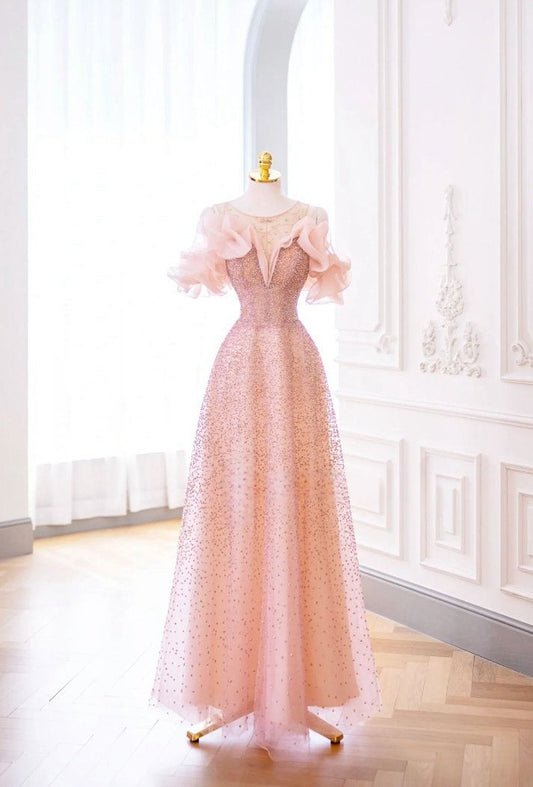 Luxurious A Line Off The Shoulder Pink Tulle Long Prom Dress P1719