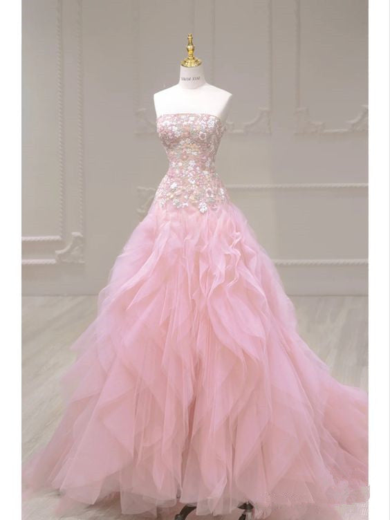 Luxurious Ball Gown Strapless Pink Tulle Long Prom Dress P1720
