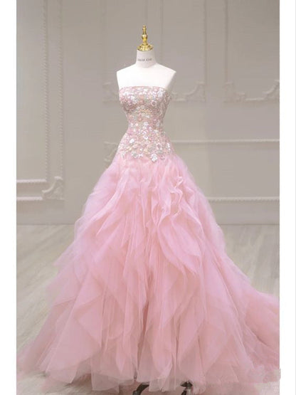 Luxurious Ball Gown Strapless Pink Tulle Long Prom Dress P1720