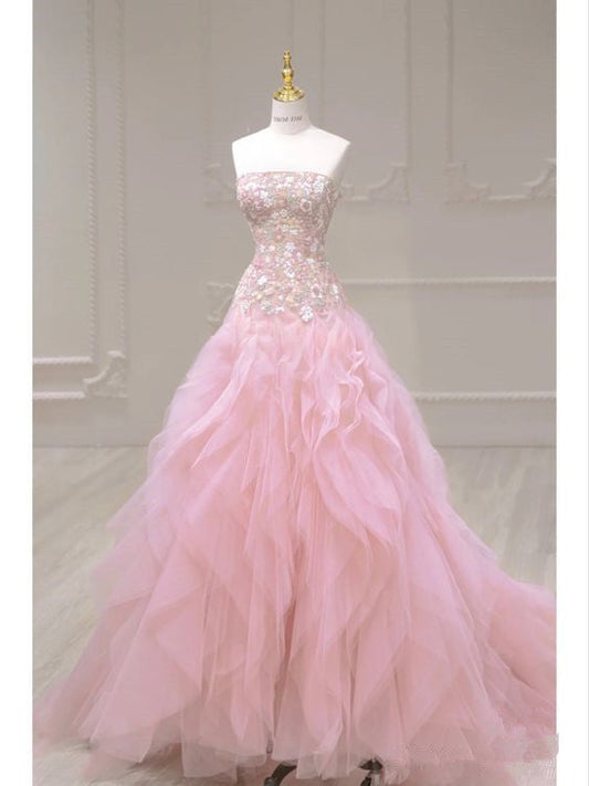 Luxurious Ball Gown Strapless Pink Tulle Long Prom Dress P1720