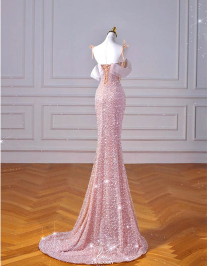 Sparkly Mermaid Straps Pink Tulle Pearls Long Prom Dress P1722