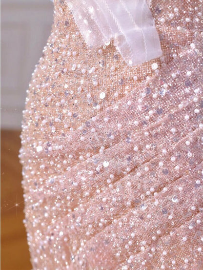 Sparkly Mermaid Straps Pink Tulle Pearls Long Prom Dress P1722