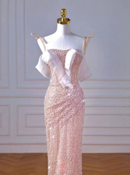 Sparkly Mermaid Straps Pink Tulle Pearls Long Prom Dress P1722