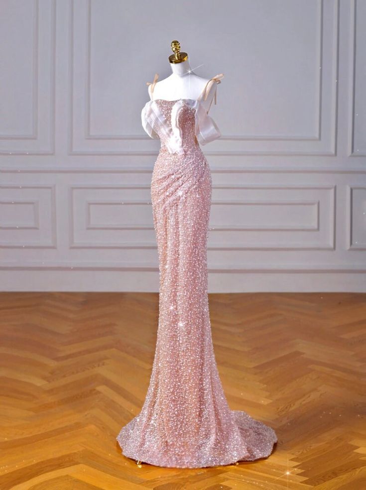 Sparkly Mermaid Straps Pink Tulle Pearls Long Prom Dress P1722