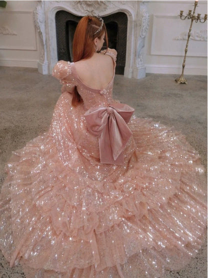 Fairy A line Short Sleeves Sequin Long Prom Dress P1739