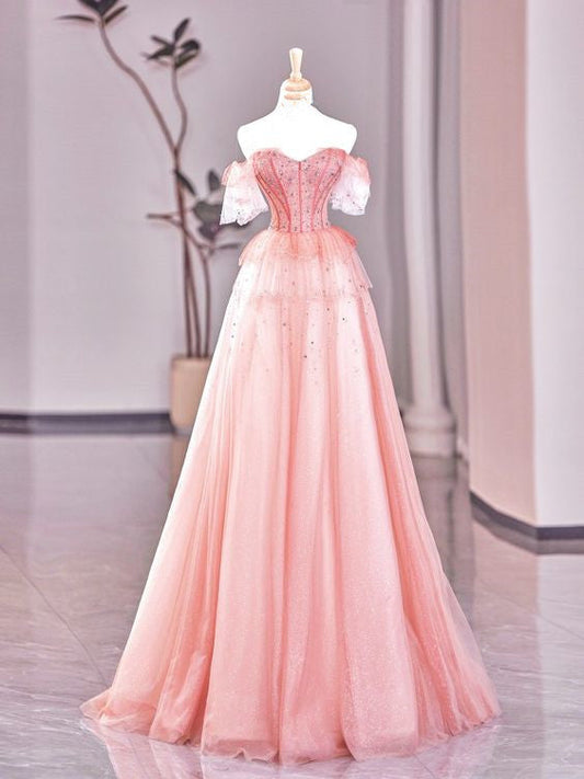 Fairy A line Strapless Tulle Long Pink Prom Dress P1741
