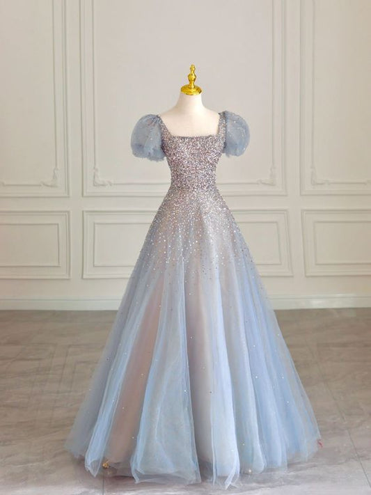 Fairy A line Square Neckline Tulle Long Blue Prom Dress P1743