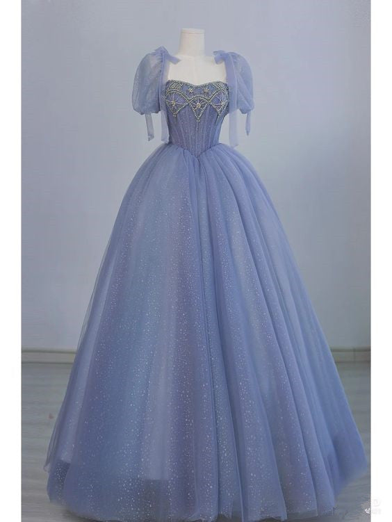 Fairy A line Straps Tulle Long Blue Prom Dress P1745