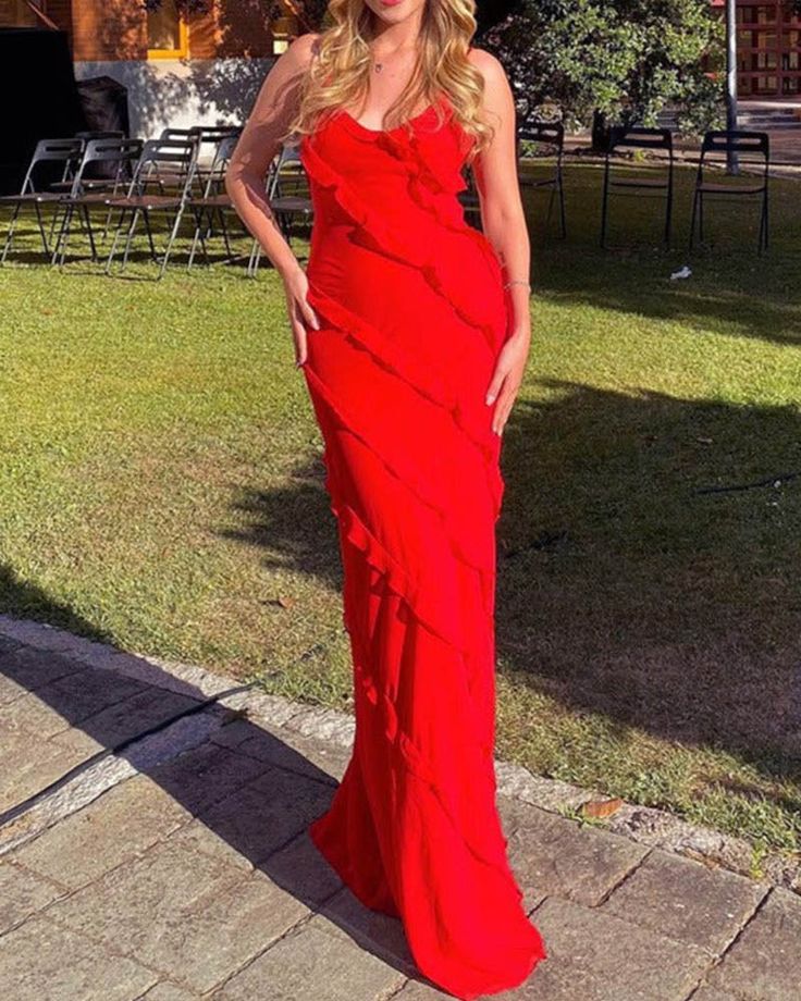 Sexy Sheath Straps Red Long Chiffon Slit Prom Dress P1747