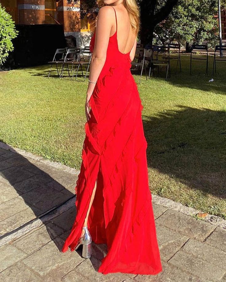 Sexy Sheath Straps Red Long Chiffon Prom Dress P1746