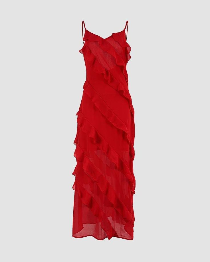 Sexy Sheath Straps Red Long Chiffon Slit Prom Dress P1747
