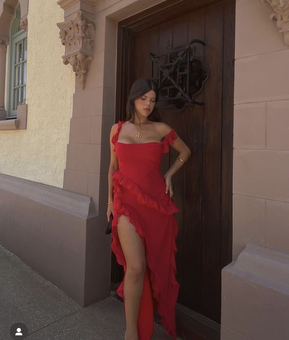 Sexy Red Chiffon Prom Dress Long Ruffle Party Dress P1748