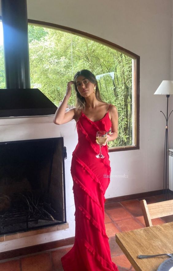 Sexy Red Chiffon Prom Dresses Long Ruffle Party Dress P1749