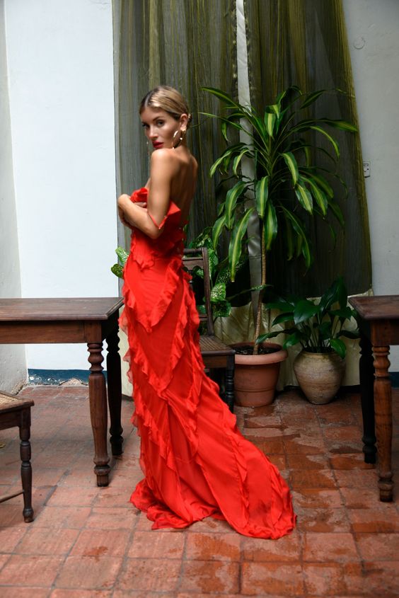 Sexy Red Chiffon Prom Dresses Long Ruffle Party Dress P1749