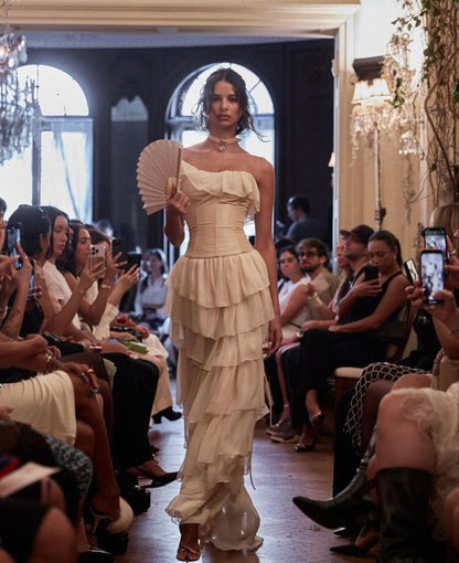 Vintage A line Strapless White Chiffon Long Prom Dresses P1771