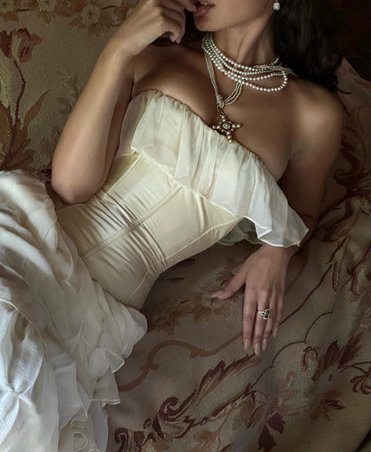 Vintage A line Strapless White Chiffon Long Prom Dresses P1771