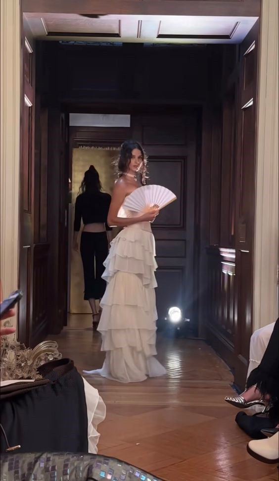 Vintage A line Strapless White Chiffon Long Prom Dresses P1771