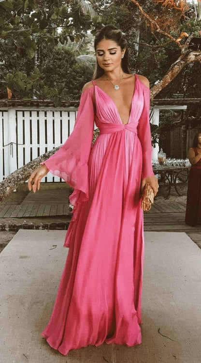 Vintage A Line Straps Pink Long Sleeves Prom Dresses P1776