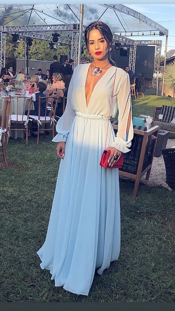 Simple A Line V Neckline Light Sky Blue Long Sleeves Chiffon Prom Dresses P1779