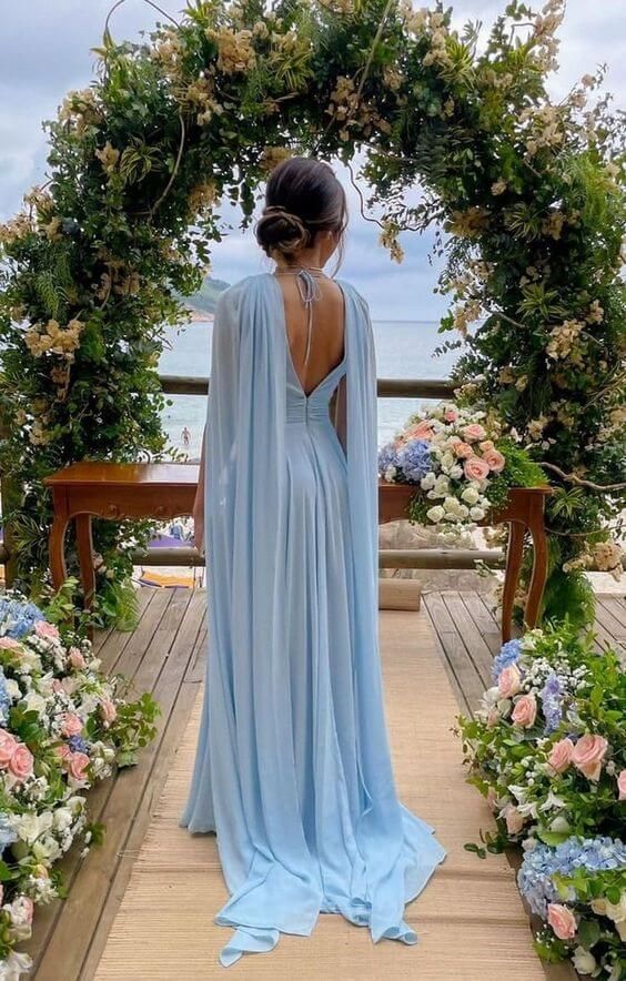 Light Sky Blue Chiffon A Line Prom Dresses With Streamer P1780