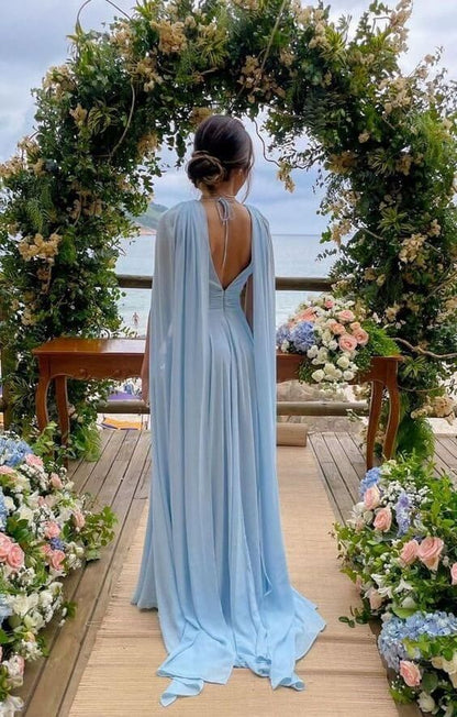 Light Sky Blue Chiffon A Line Prom Dresses With Streamer P1780