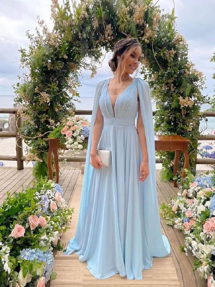 Light Sky Blue Chiffon A Line Prom Dresses With Streamer P1780