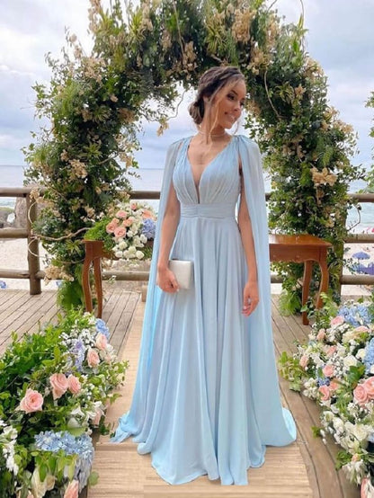 Light Sky Blue Chiffon A Line Prom Dresses With Streamer P1780