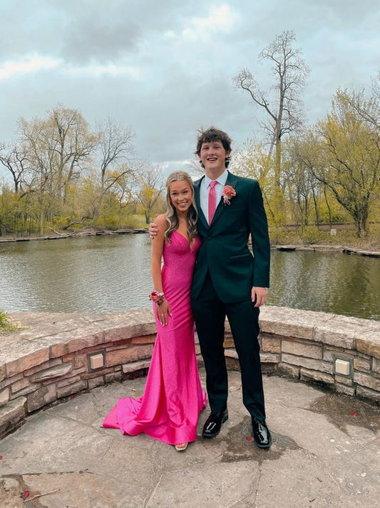 Sexy Mermaid Straps Hot Pink Satin Long Prom Dresses P1801