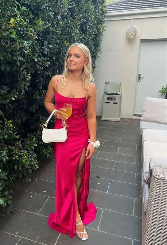 Sexy Mermaid Straps Hot Pink Slit Long Prom Dresses P1805