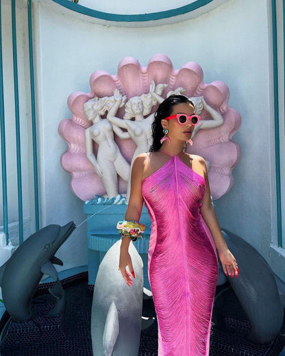 Sexy Mermaid Halter Hot Pink Long Prom Dresses P1807