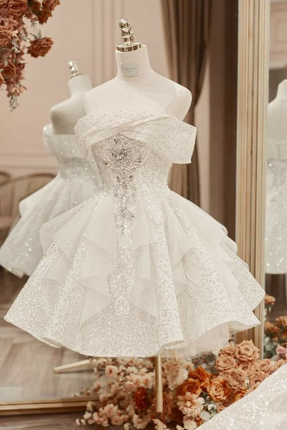 Sparkly A line Short Cocktail Dresses White Sequin 18th Birthday Outfits P1818