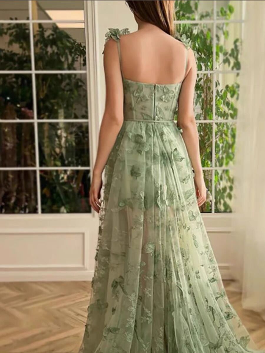 A line Green Corset Long Tulle Prom Dress With 3D Butterflies P1843
