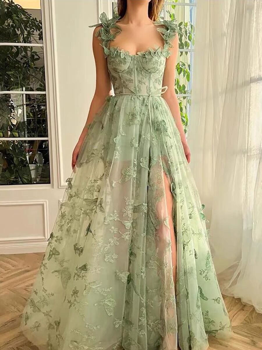 A line Green Corset Long Tulle Prom Dress With 3D Butterflies P1843
