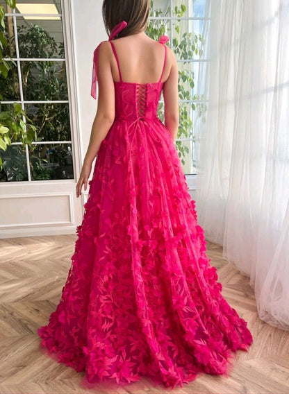 Beautiful A line Prom Gown With Straps Floral Pink Prom Dresses P1857