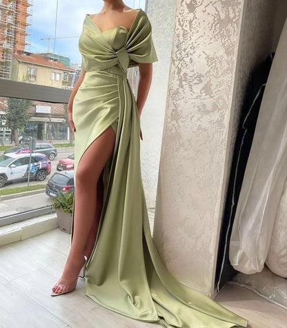Gorgeous Dusty Sage Portrait V-Neck Pleated Slit Prom Dress With Ruffle P1874