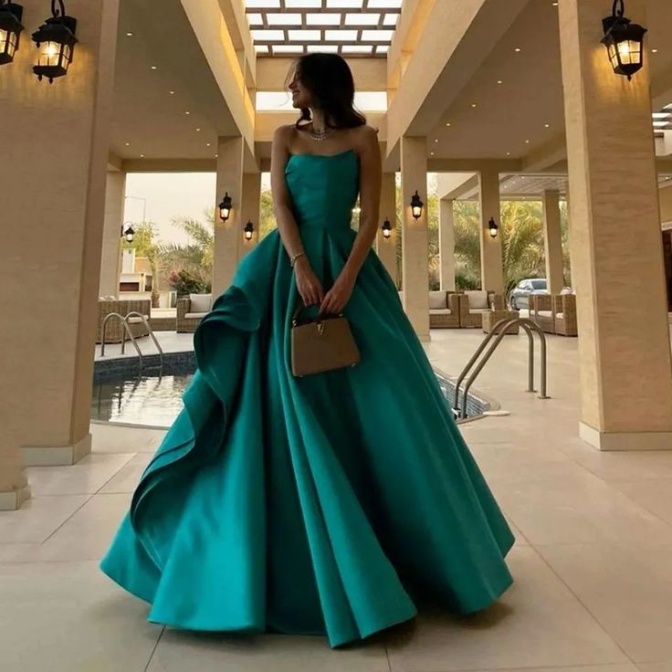 Simple Ball Gown Strapless Floor Length Green Satin Prom Dress P1886
