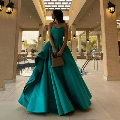 Simple Ball Gown Strapless Floor Length Green Satin Prom Dress P1886