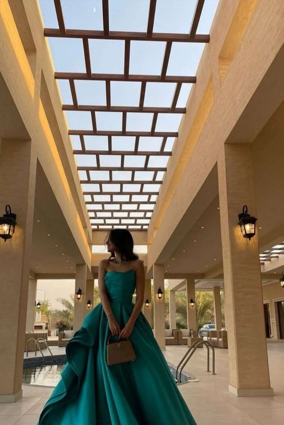 Simple Ball Gown Strapless Floor Length Green Satin Prom Dress P1886