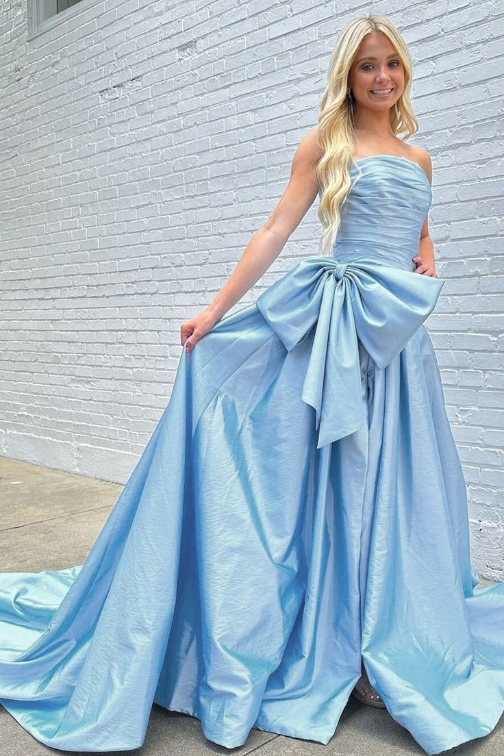 A-Line Strapless Light Blue Satin Long Prom Dress with Bow P1888