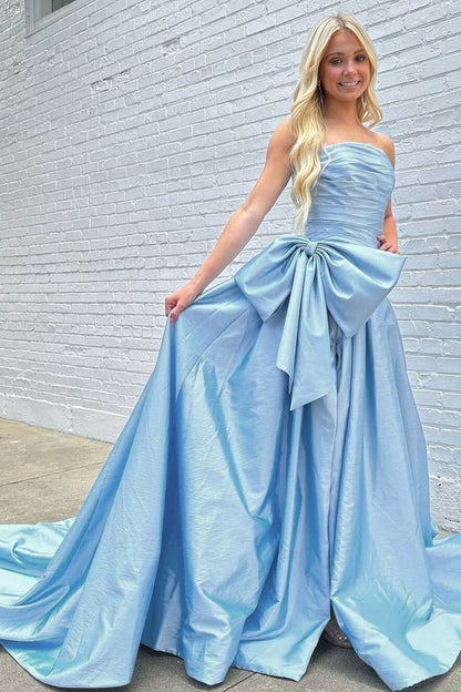 A-Line Strapless Light Blue Satin Long Prom Dress with Bow P1888