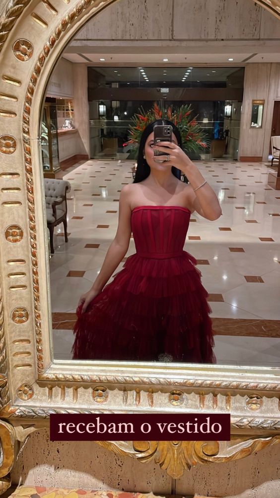 Ball Gown Long Strapless Tiered Tulle Burgundy Prom Dress P1896