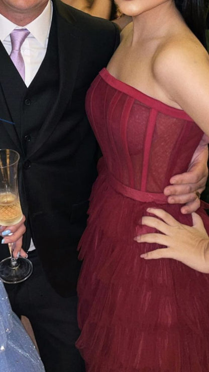 Ball Gown Long Strapless Tiered Tulle Burgundy Prom Dress P1896