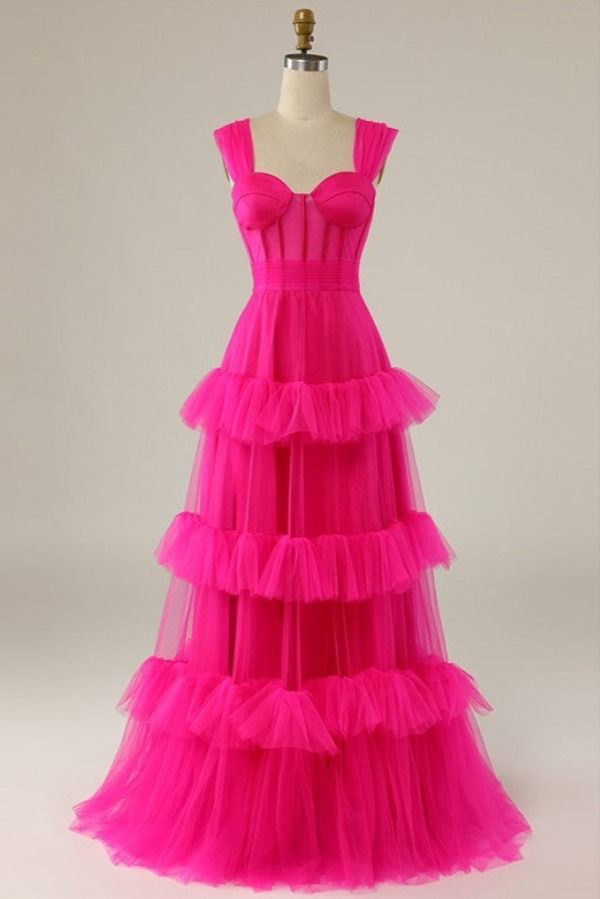 Hot Pink Sweetheart Multi Layers Tulle Prom Dresses Formal Dresses P1901