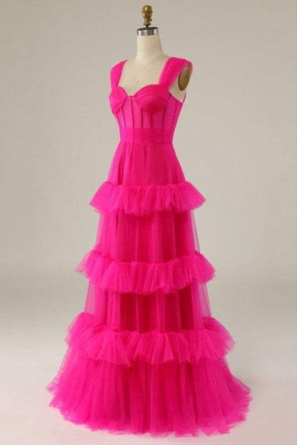 Hot Pink Sweetheart Multi Layers Tulle Prom Dresses Formal Dresses P1901