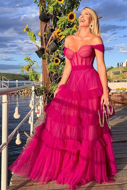 Hot Pink Sweetheart Multi Layers Tulle Prom Dresses Formal Dresses P1901