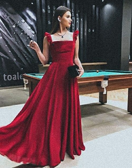 A-line Straps Burgundy Long Prom Dresses P1911