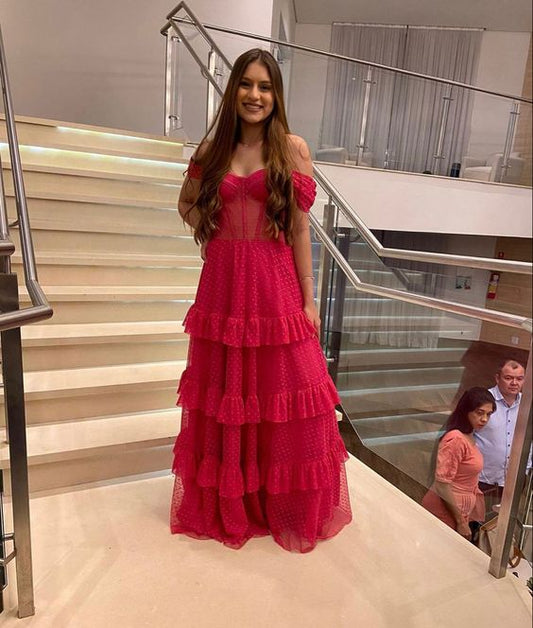 Hot Pink Tulle A-line Off The Shoulder Long Prom Dresses P1912